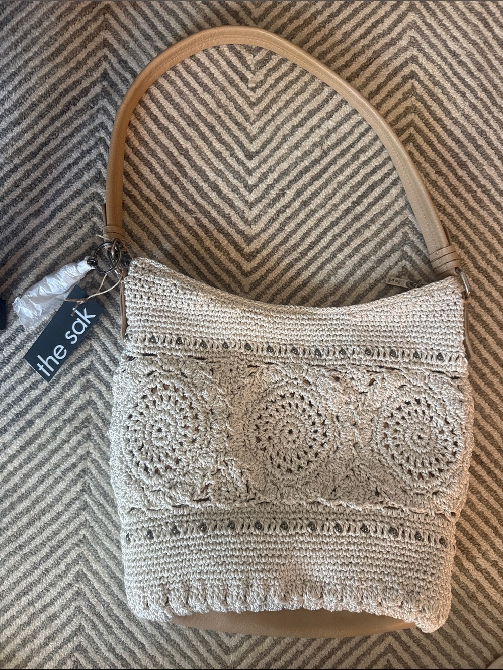 The Sak Beige Crochet Shoulder Bag with Tan Strap
